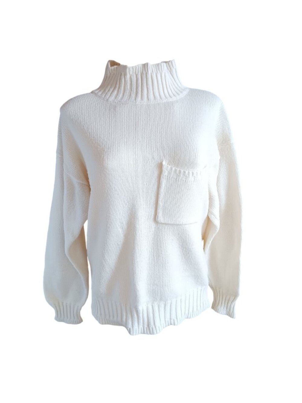 Mock Turtleneck Vintage Large Women's Sweater Ivory/White Acrylic 1980's Pocket